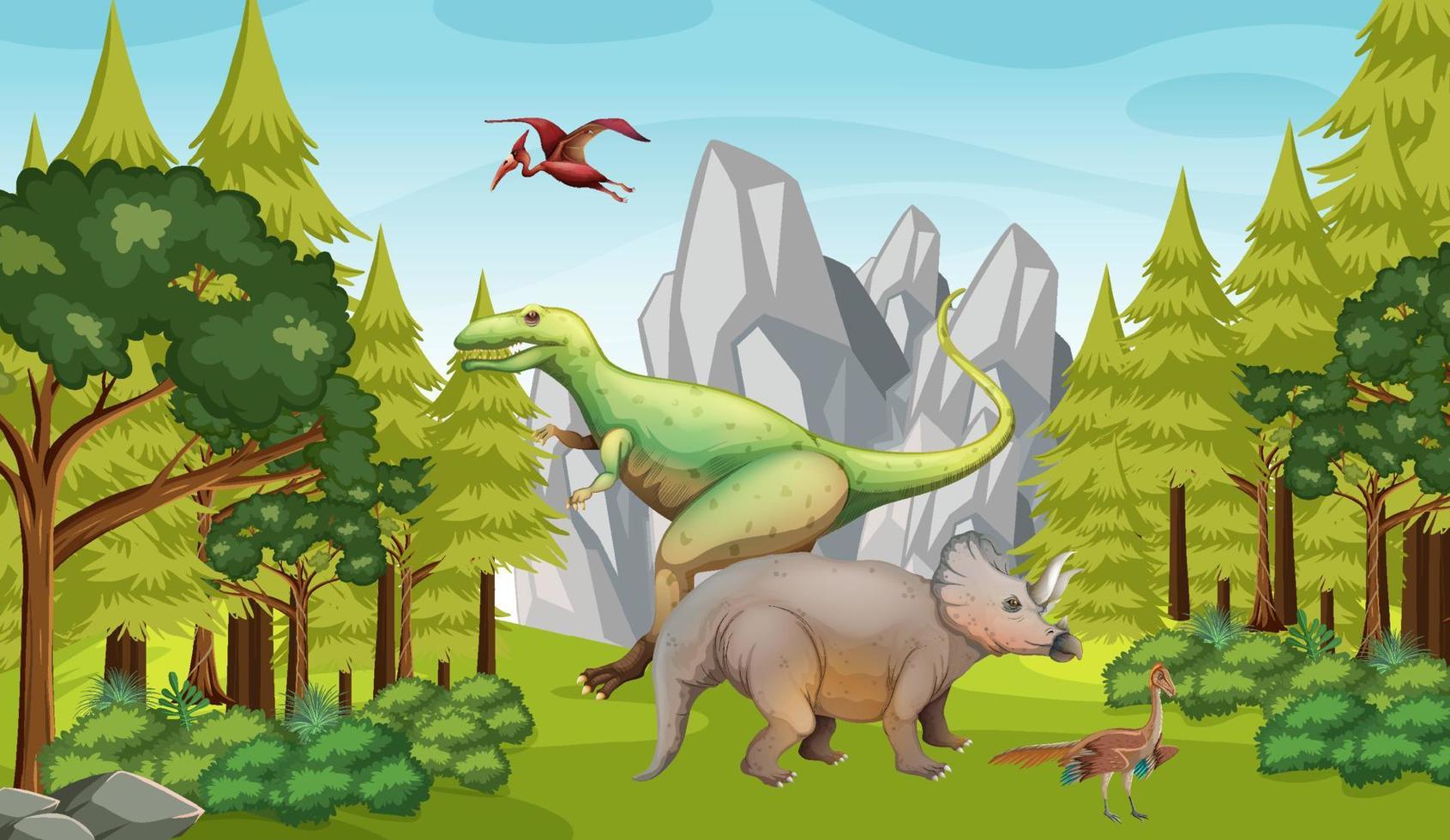 dinosaurio en la escena del bosque prehistórico vector