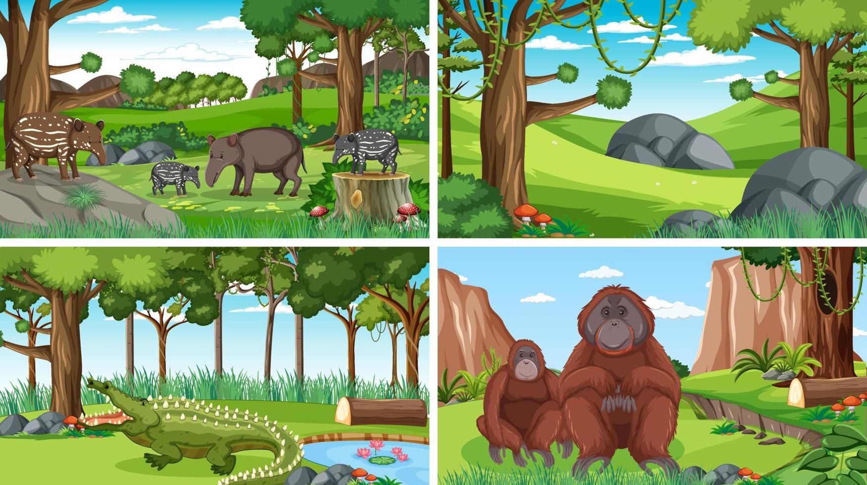 escena con animales salvajes en el bosque vector