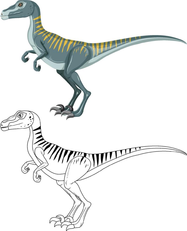 Velociraptor dinosaur with its doodle outline on white background vector