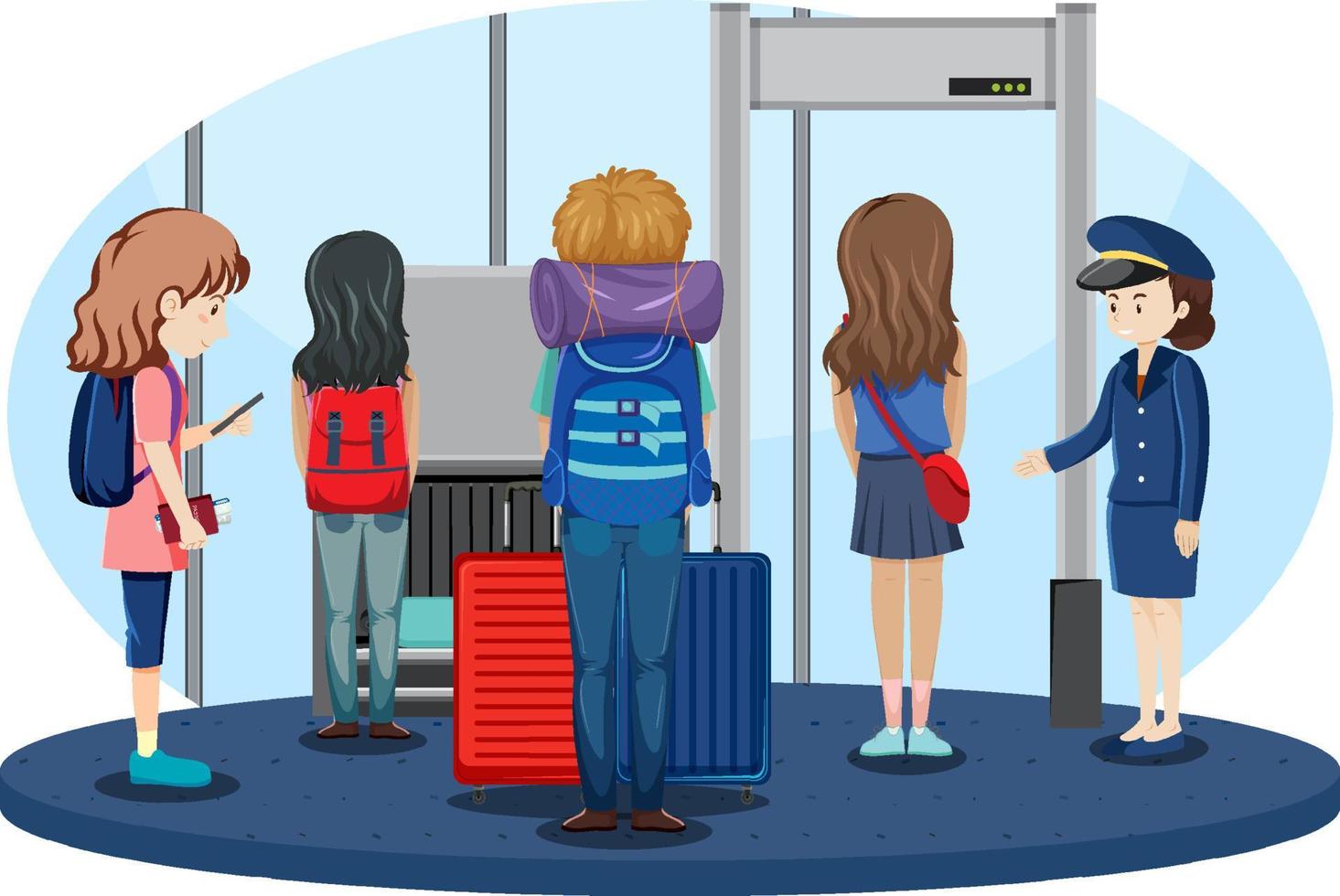 Airport security check with passengers walking through body scanner vector