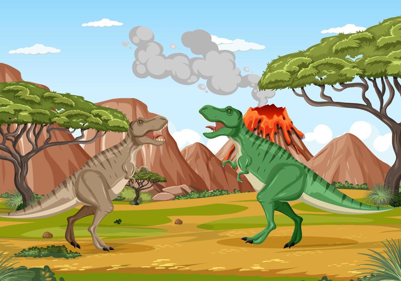 dinosaurio en la escena del bosque prehistórico vector