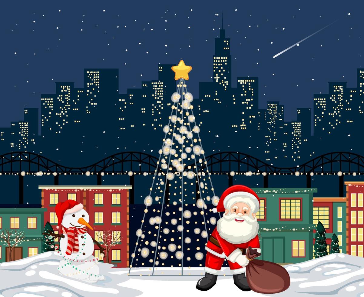 Santa Claus cartoon character in the town at night scene vector