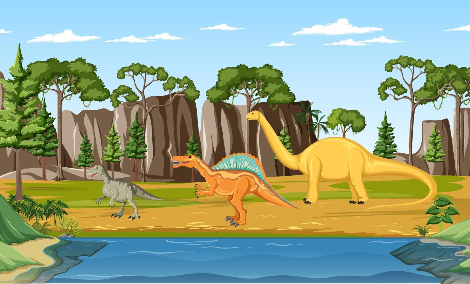 escena con dinosaurios en el bosque vector