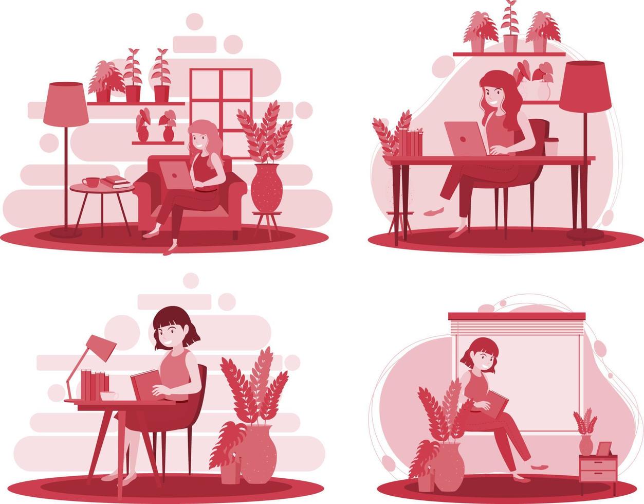 Working from home scenes in red vector