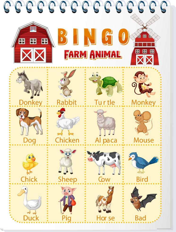 hoja de trabajo de animales de granja de bingo vector