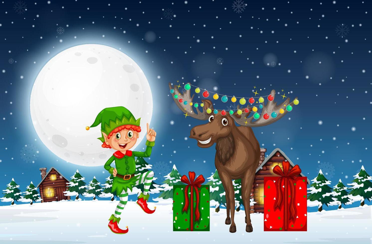 Snowy winter night with Christmas elf and reindeer vector