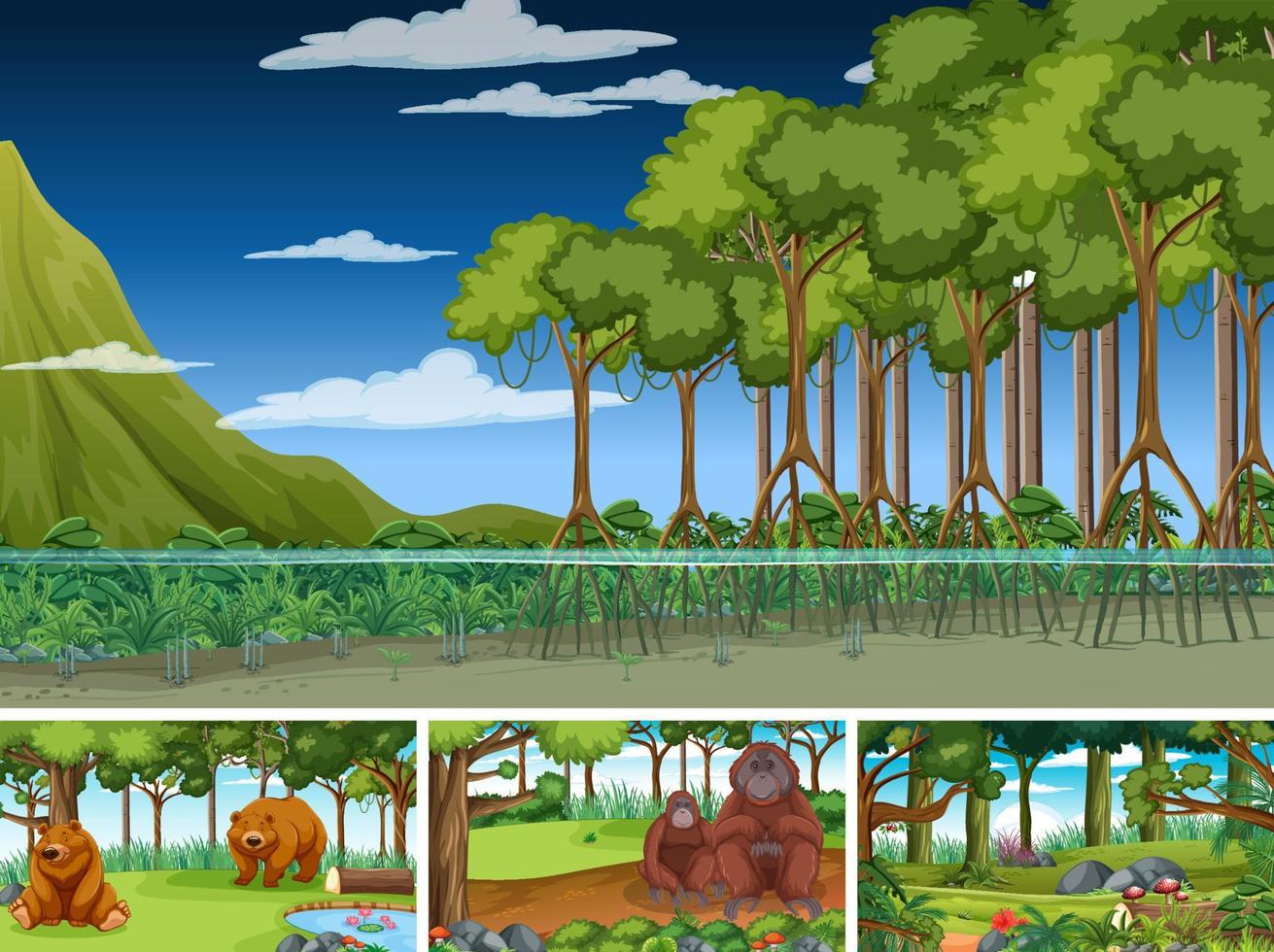 escenas con animales salvajes en el bosque vector