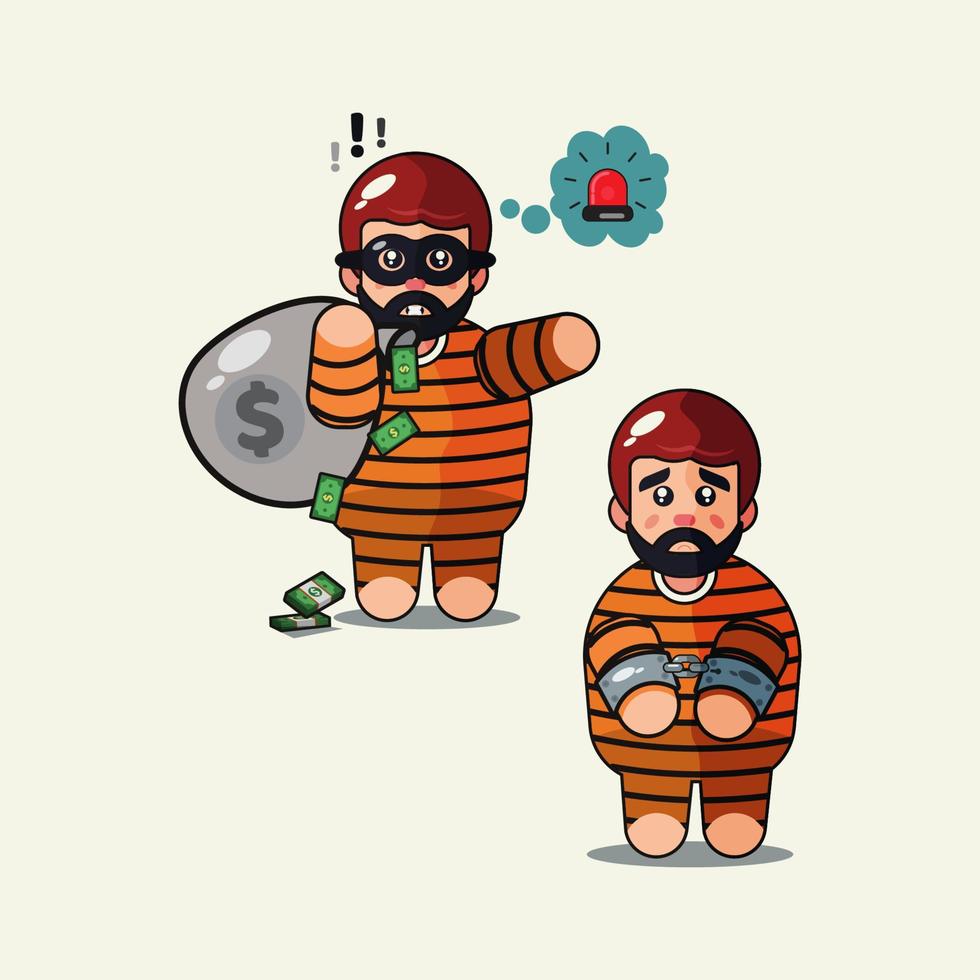 Thief, money and siren cute cartoon vector illustration. Caught thief concept