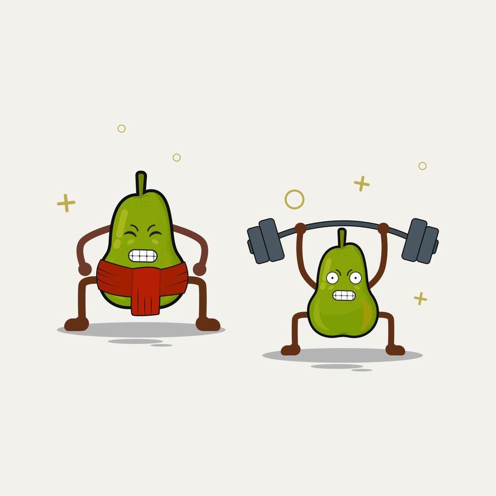 Pear fruit sumo and weightlifting cartoon character vector illustration