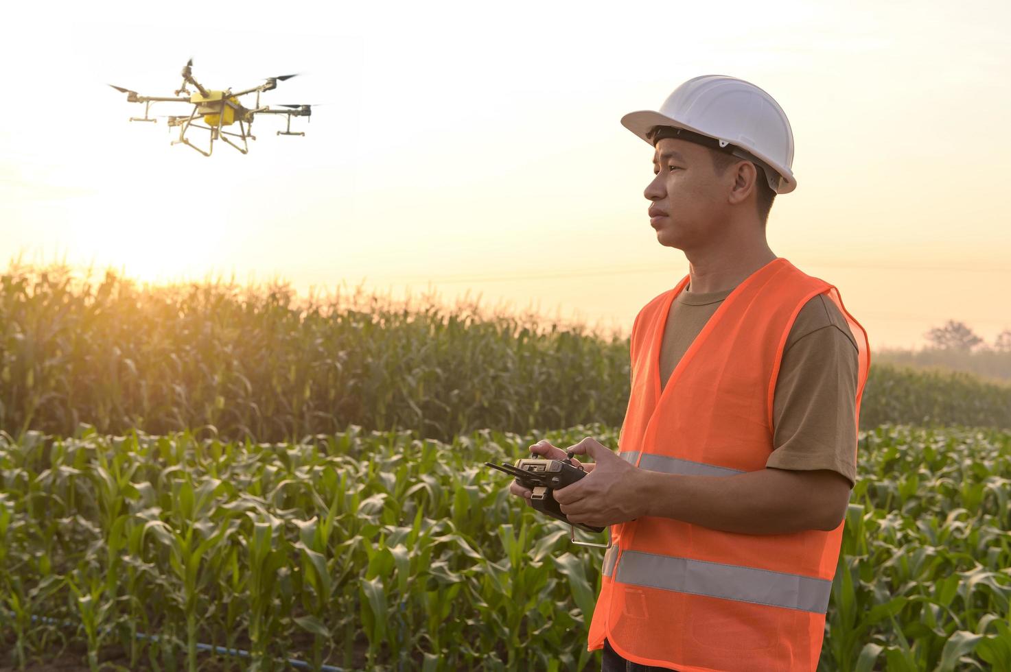 ingeniero masculino que controla la fumigación de fertilizantes y pesticidas con drones sobre tierras de cultivo, innovaciones de alta tecnología y agricultura inteligente foto