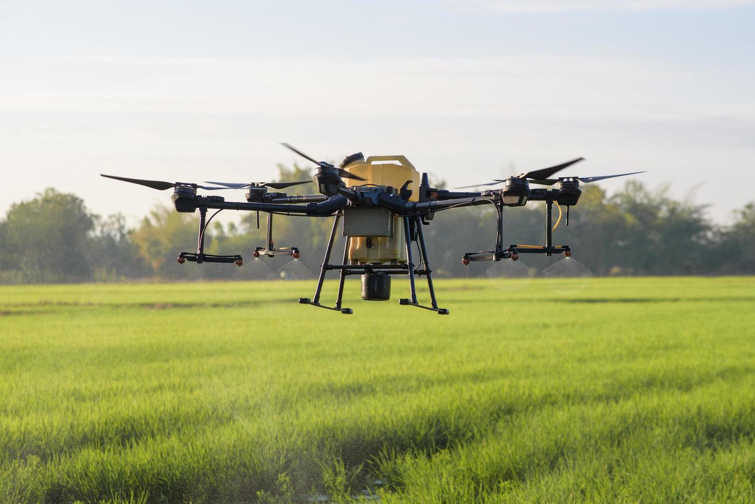 drones agrícolas volando y rociando fertilizantes y pesticidas sobre tierras de cultivo, innovaciones de alta tecnología y agricultura inteligente foto