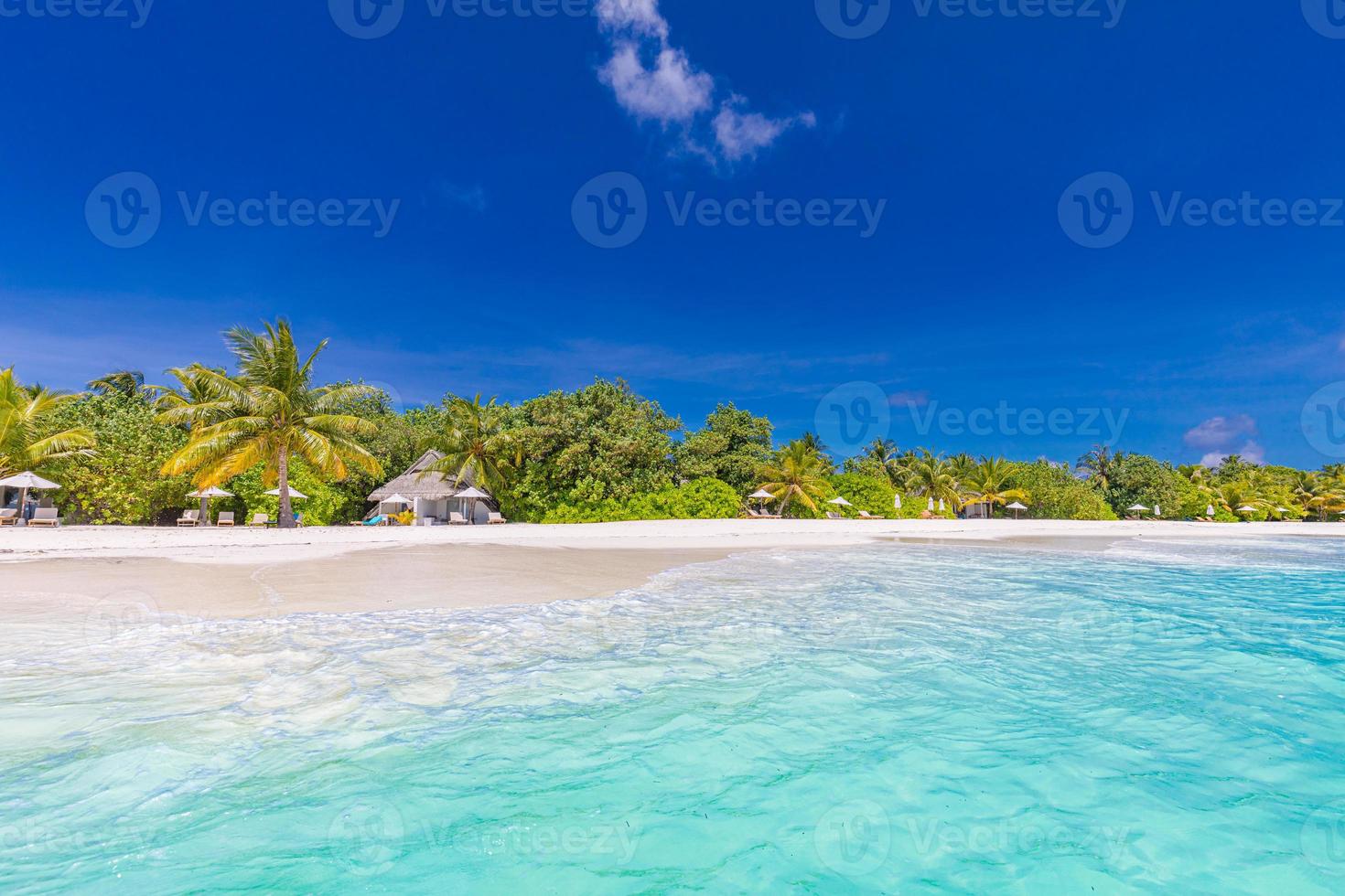 Beach resort landscape, tropic surf and horizontal sea as summer holiday vacation. Relax luxury hotel beach background. Amazing sea view blue sea, exotic travel destination. Palm tree white sand vibes photo