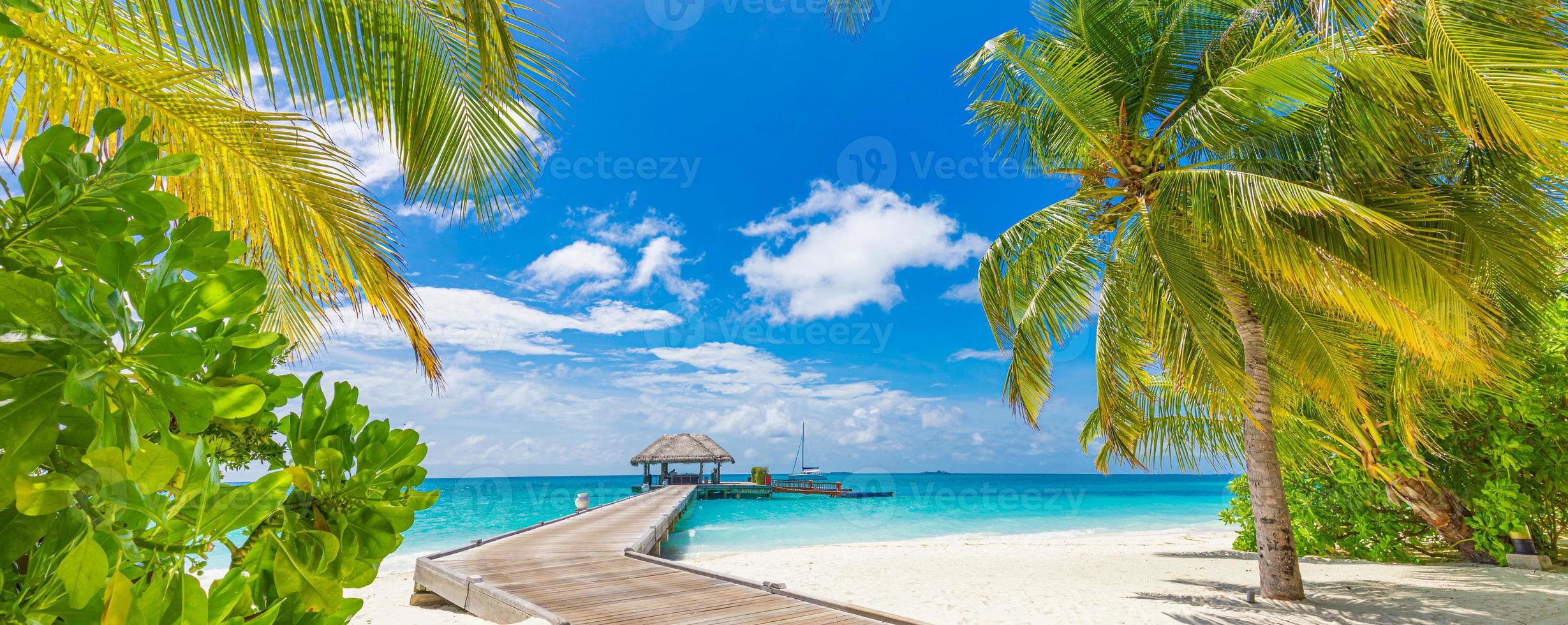 Luxury hotel panorama, water villa pier, palm tree leaves white sand, close to blue sea, seascape. Beach chairs, beds with white umbrellas. Summer vacation and holiday, beach resort on tropical island photo