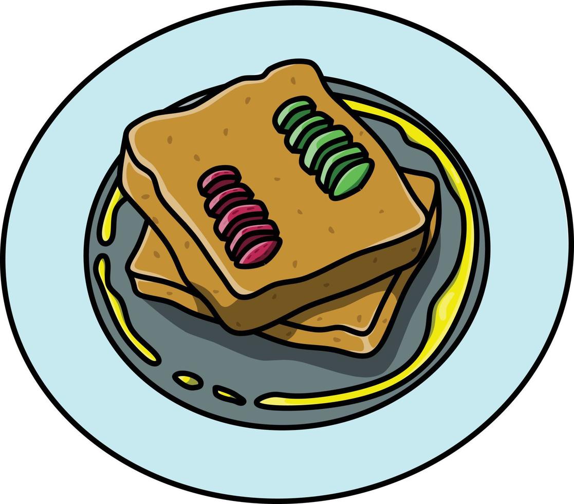 Toast on aplate with sliced avocado and strawberry on top and spread of honey on the side vector