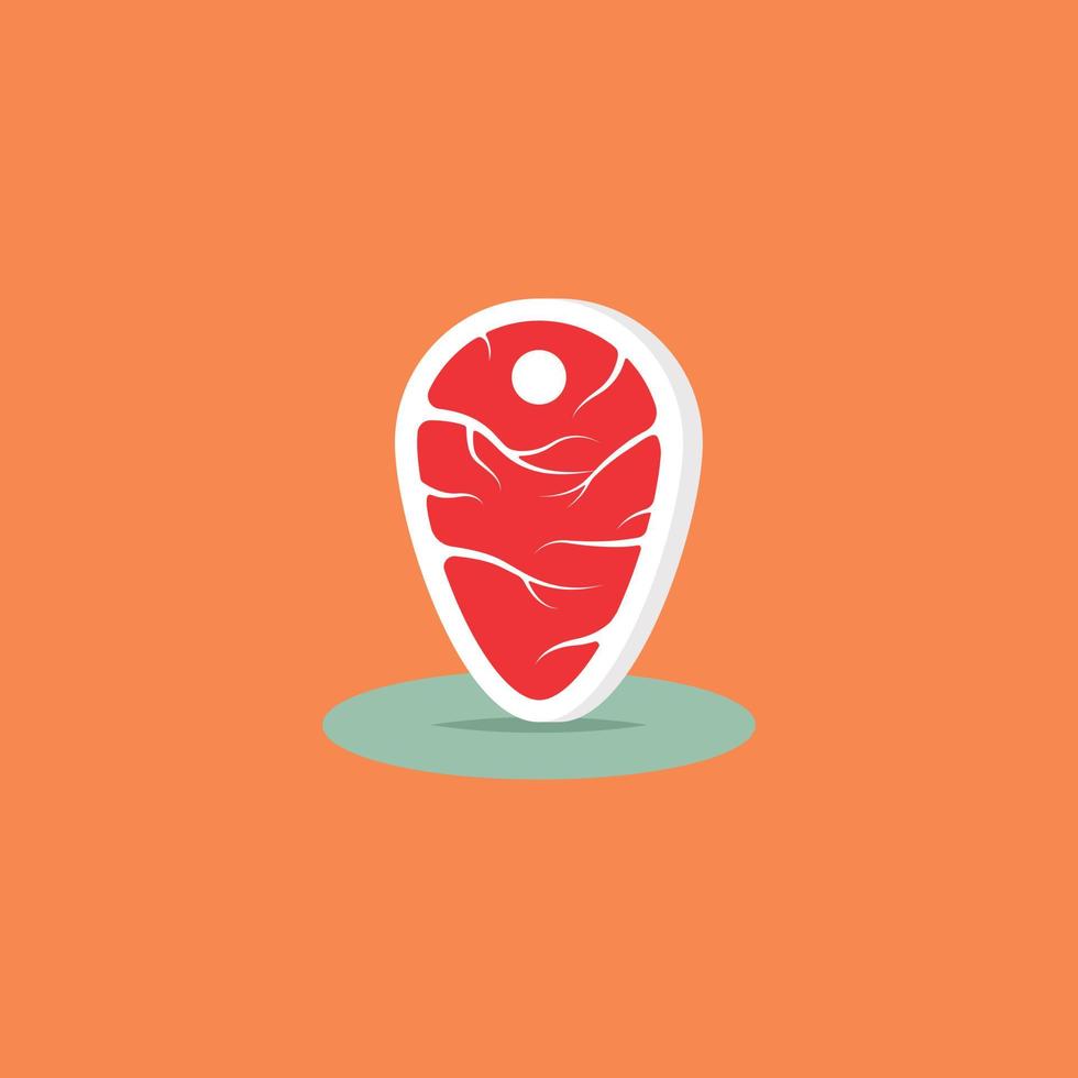 El logotipo de bistec en forma de pin de mapa hecho de carne en un estilo plano, se puede utilizar para logotipos, íconos e ilustraciones de comida, restaurantes y negocios. vector