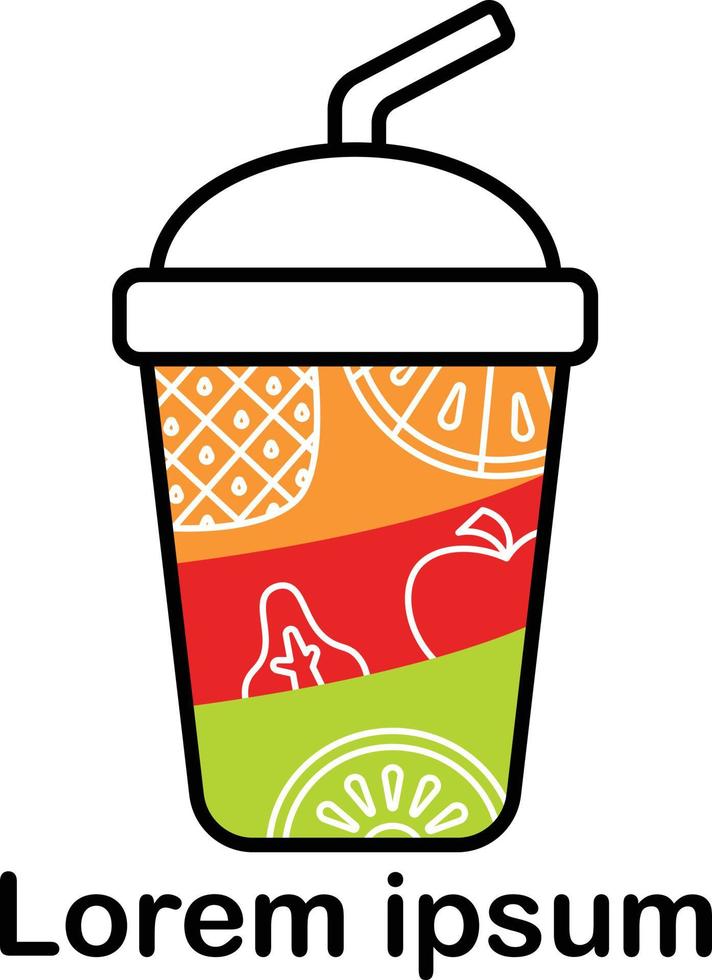 un logotipo de jugo con una forma hecha de una combinación de vasos de jugo y jugos de frutas de varios colores. vector