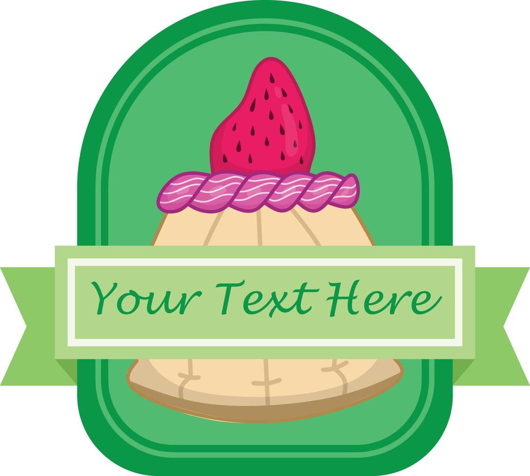 Strawberry cake logo with oval frame on the back and ribbon in front, can be used for shop logos, wraps and packaging vector