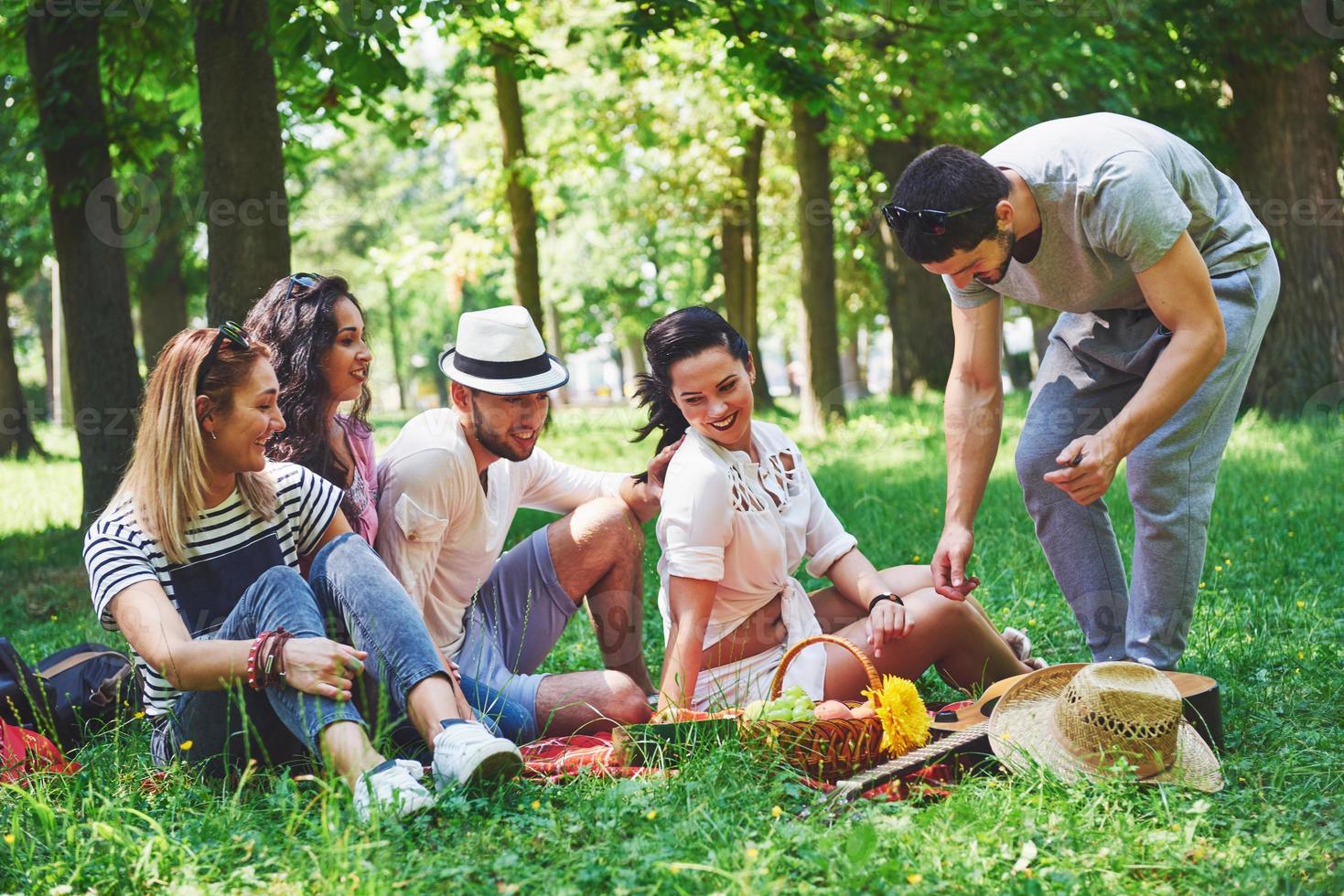 Group of friends having pic-nic in a park on a sunny day - People hanging out, having fun while grilling and relaxing photo