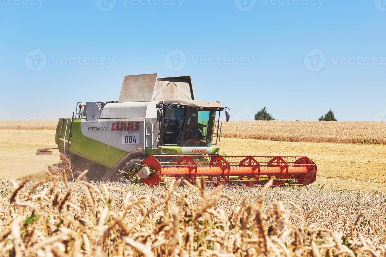 una cosechadora moderna trabajando en un campo de trigo foto