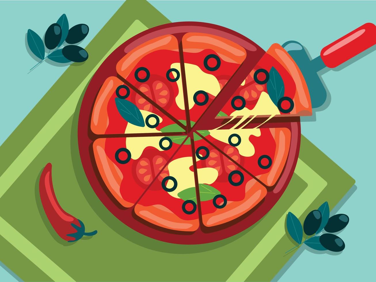 Italian pizza, cut into pieces, on a napkin. Vector illustration