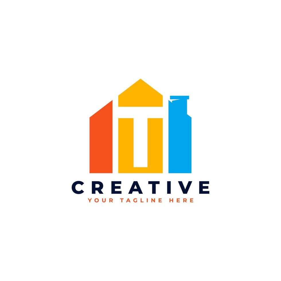 Letter T Logo. House Strip Shape with Negative Letter T. Usable for Construction Architecture Building Logo vector