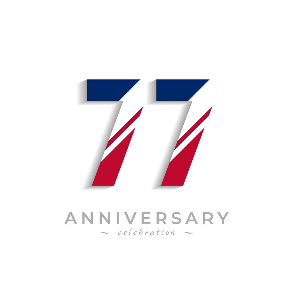 77 Year Anniversary Celebration with White Slash in Red and Blue American Flag Color. Happy Anniversary Greeting Celebrates Event Isolated on White Background vector