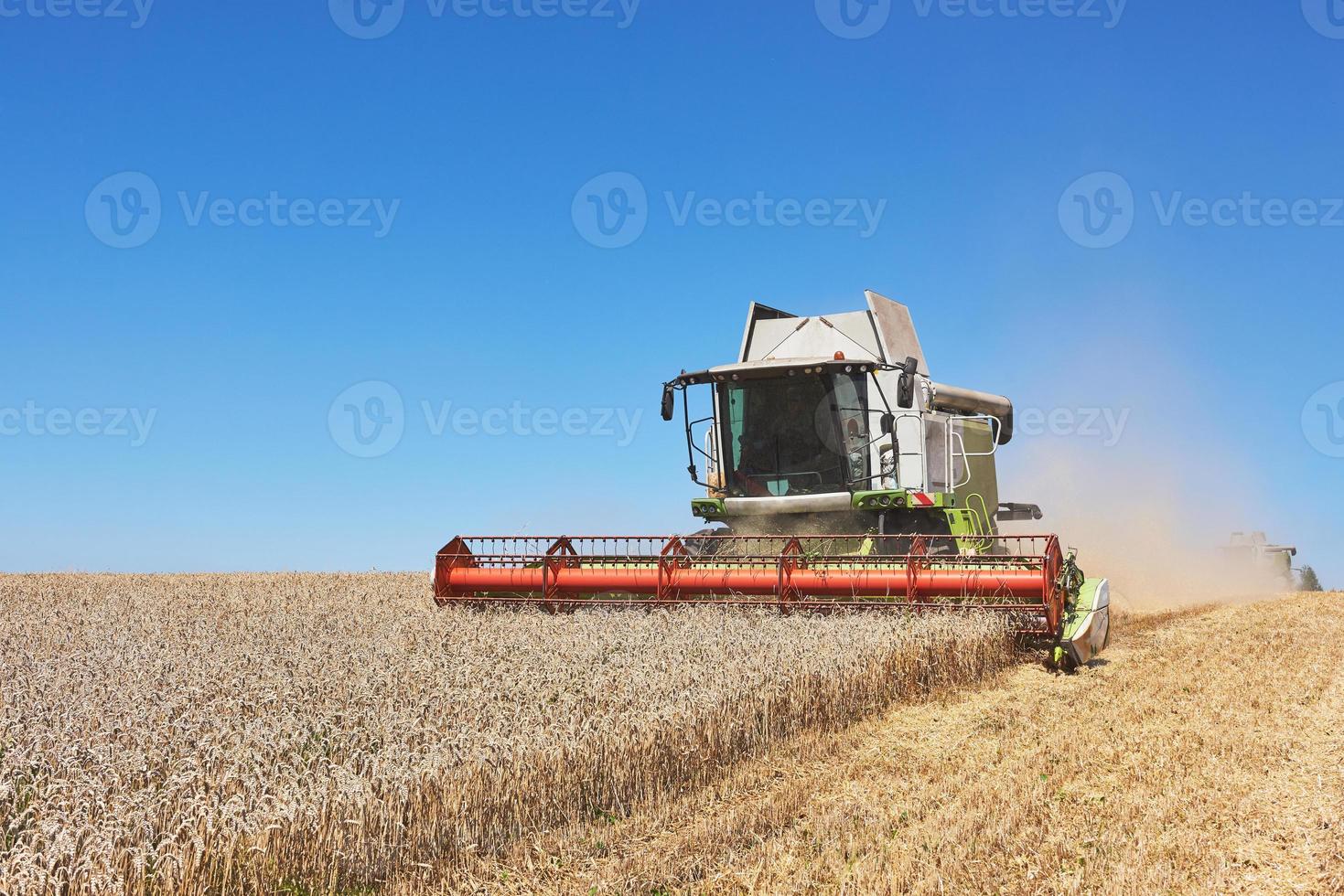 una cosechadora moderna trabajando en un campo de trigo foto