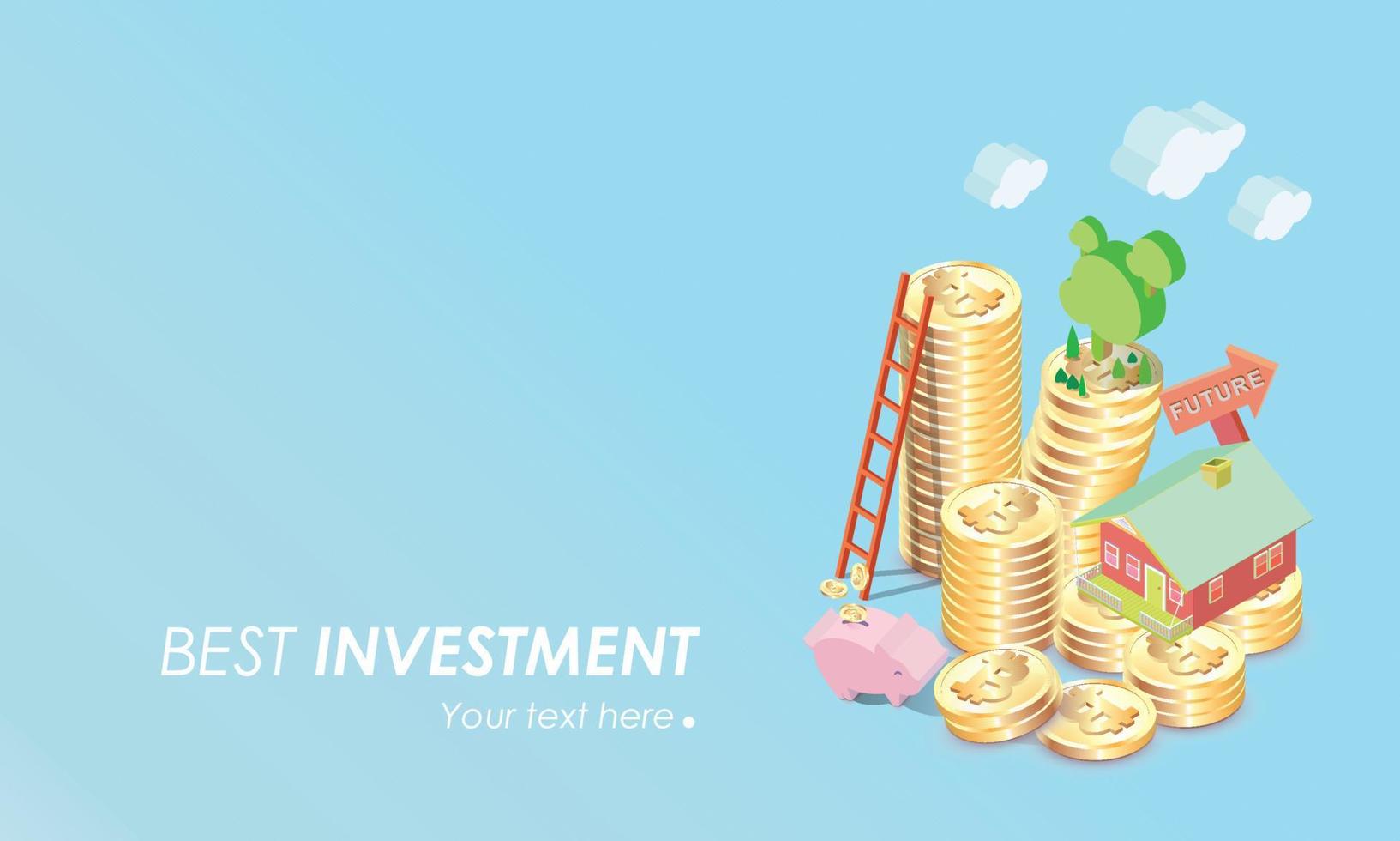 Bitcoin for investment concept with home , stair, piggy bank savings vector