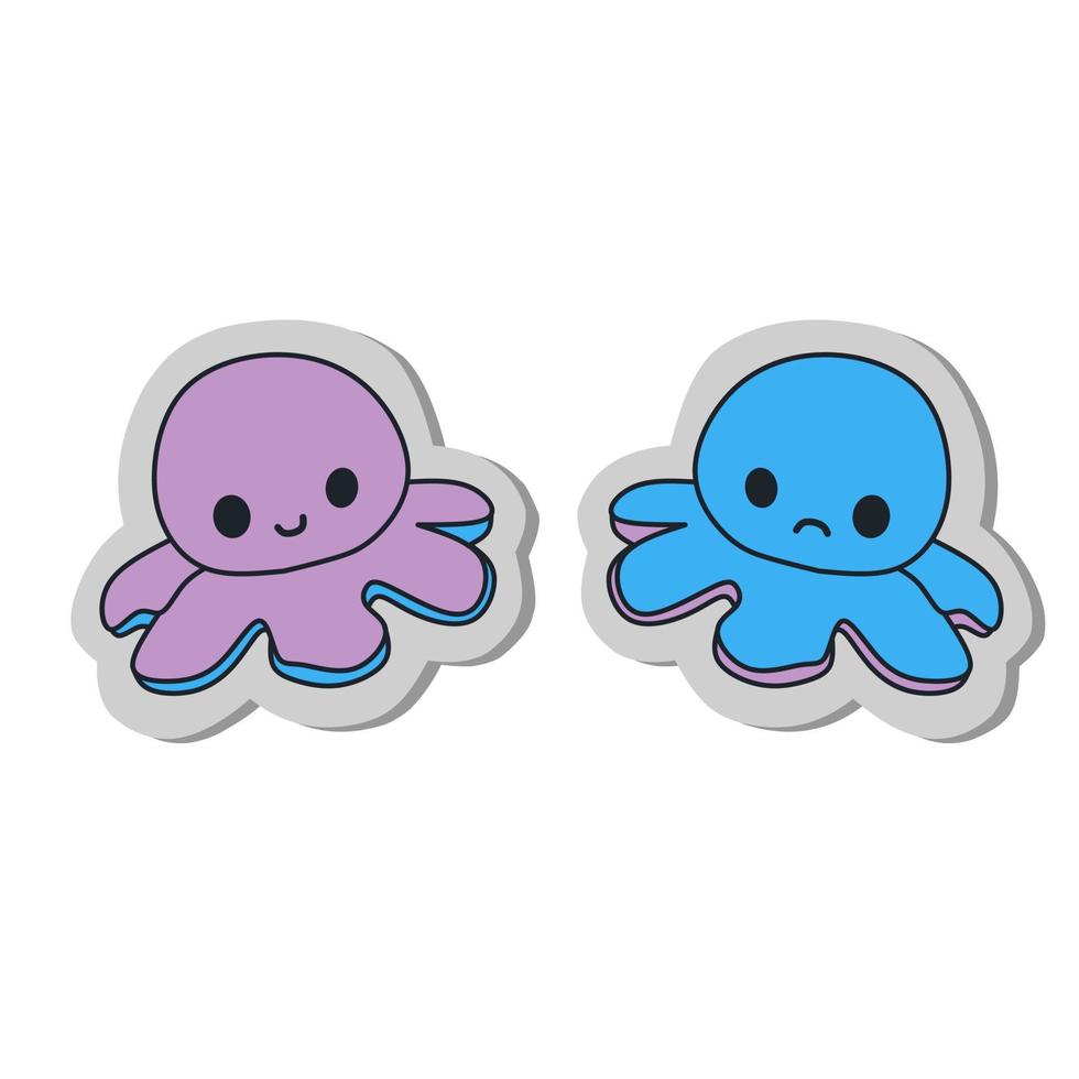 Mood sticker, happy and bad mood, funny character sticker. Cartoon octopus Vector