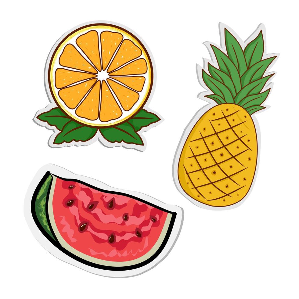 sandía vectorial, piña y naranja o limón en un estilo de corte de papel con un contorno y color brillante, frutas de verano, perfectas para pegatinas o cosas de verano. vector