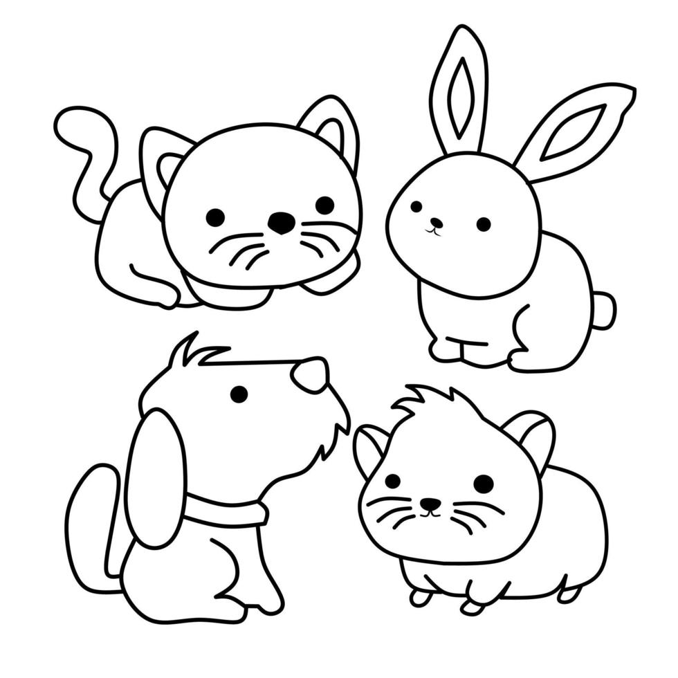 The set of cute animals outlined cats, dogs, guinea pigs and rabbits. Vector on white background, editable stroke, for coloring book