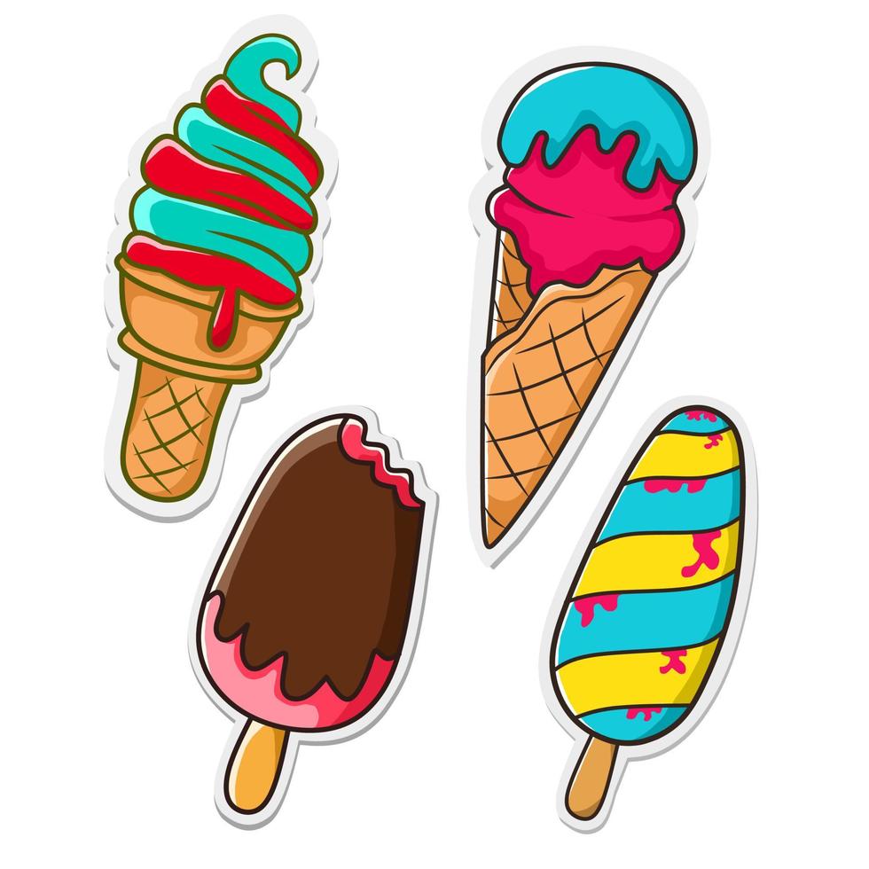 pegatina de helado vectorial con corte de papel y estilo de contorno. lindo helado vectorial con colores brillantes y nítidos. adecuado para pegatinas o cosas de verano vector