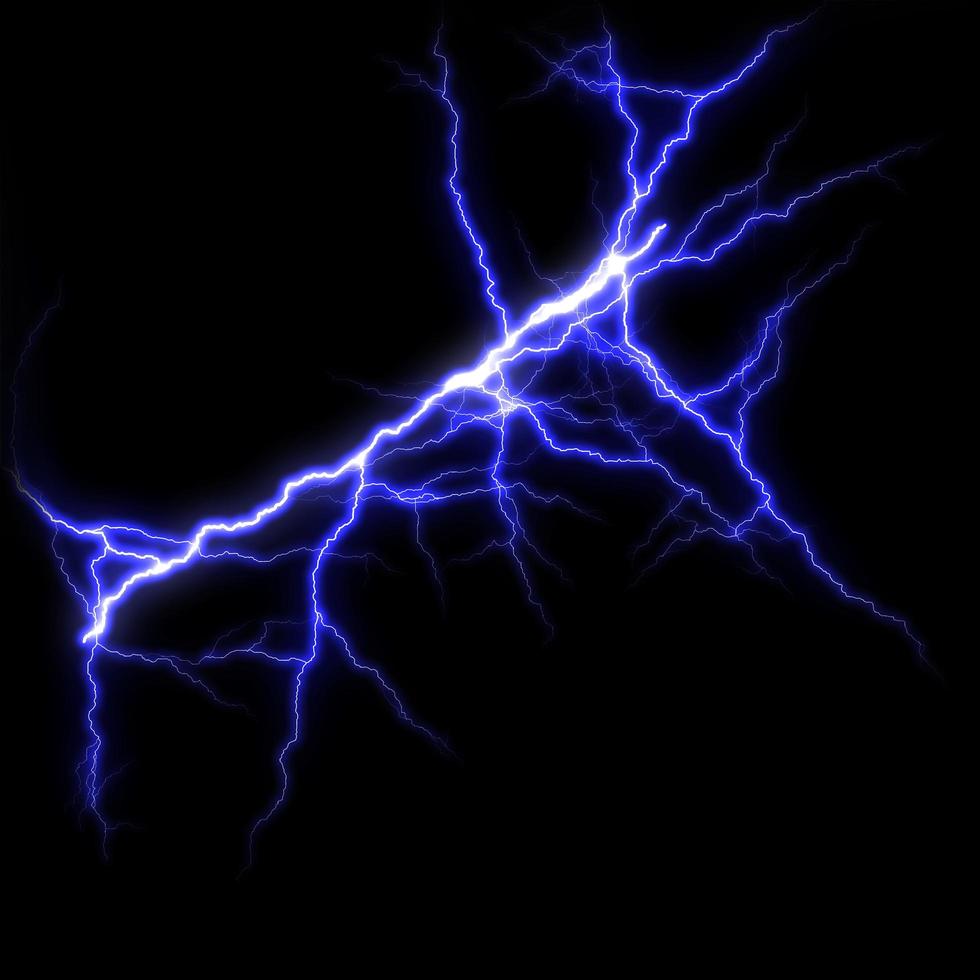 Blue Lightning flash Thunderbolt isolated on black background. photo