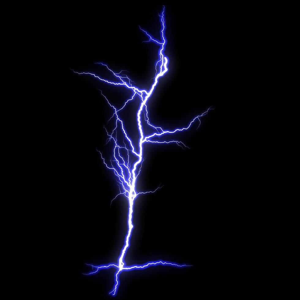 Blue Lightning flash Thunderbolt isolated on black background. photo