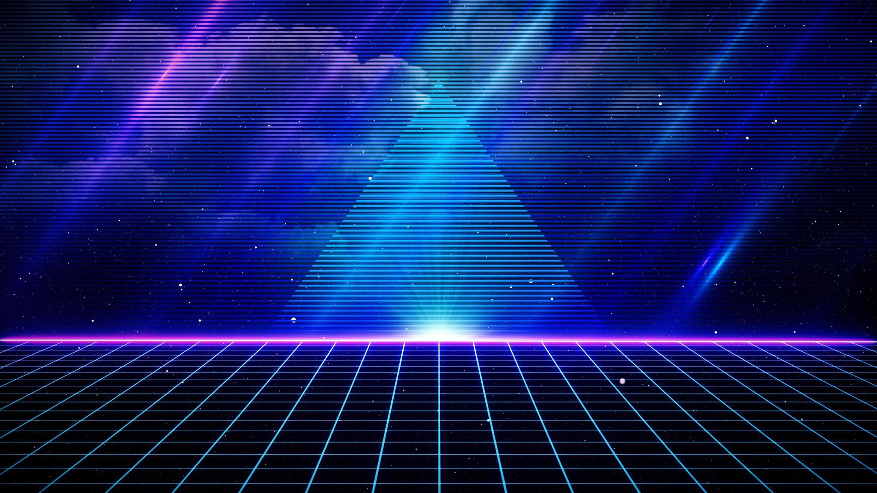 Retro style 80s Sci-Fi Background Futuristic with laser grid landscape. Digital cyber surface style of the 1980s. photo