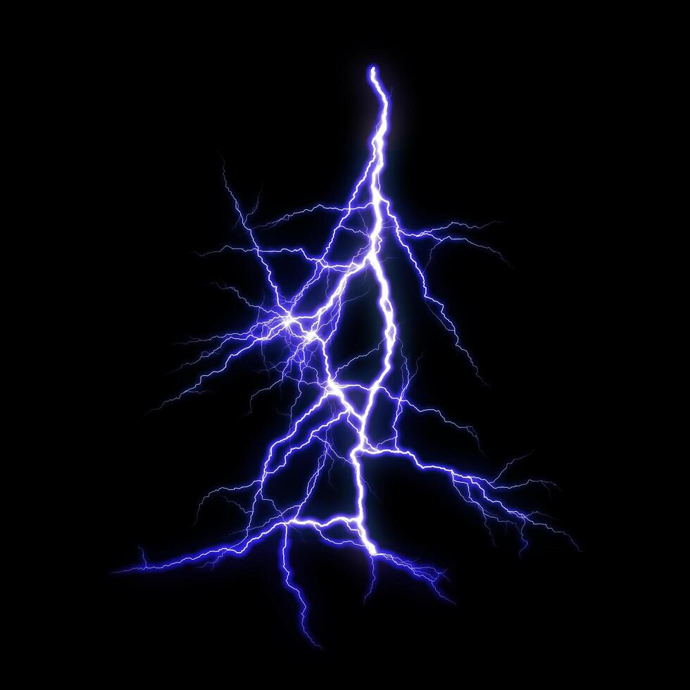 Blue Lightning flash Thunderbolt isolated on black background. photo