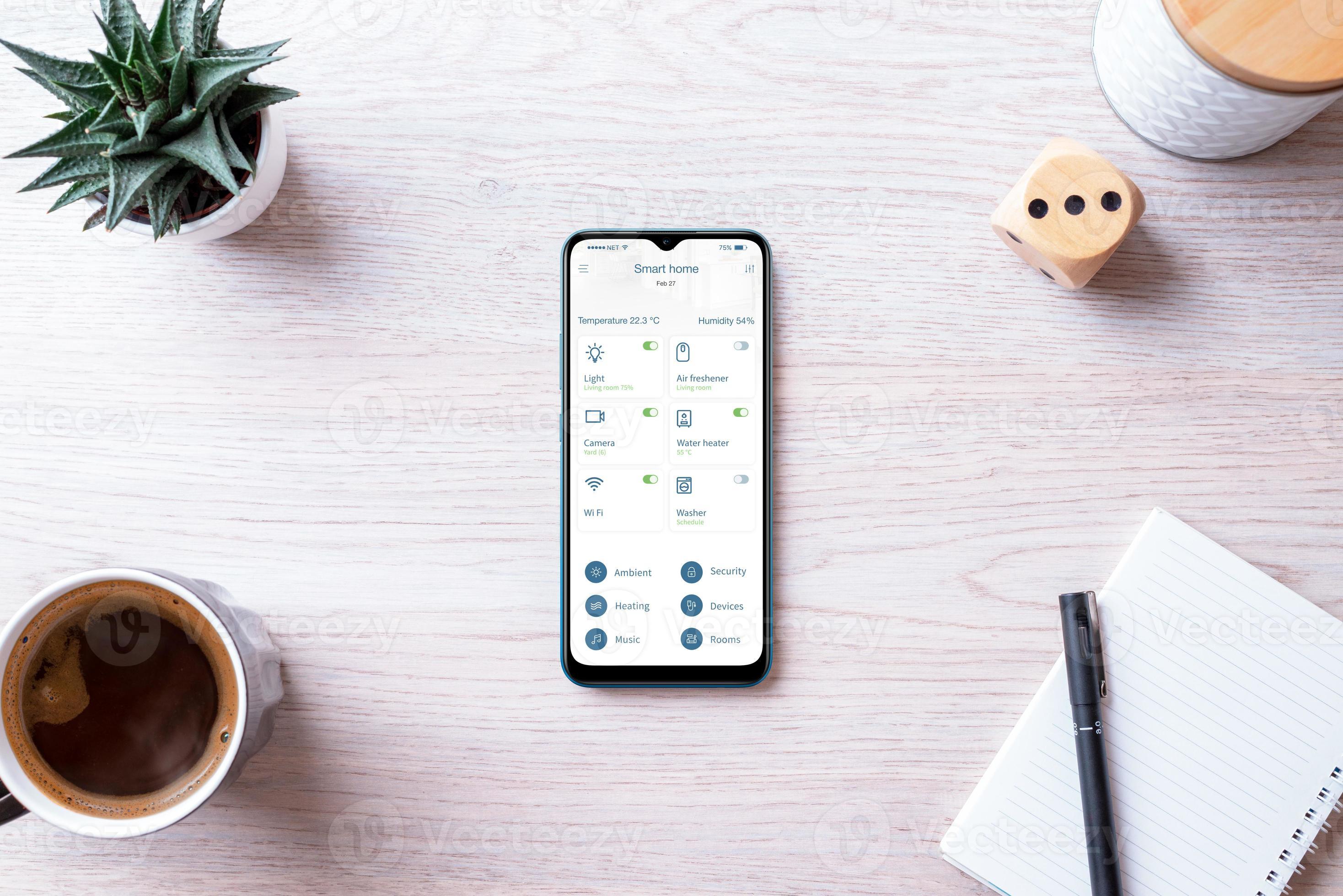 Home automation control app concept on smart phone. Monitoring and