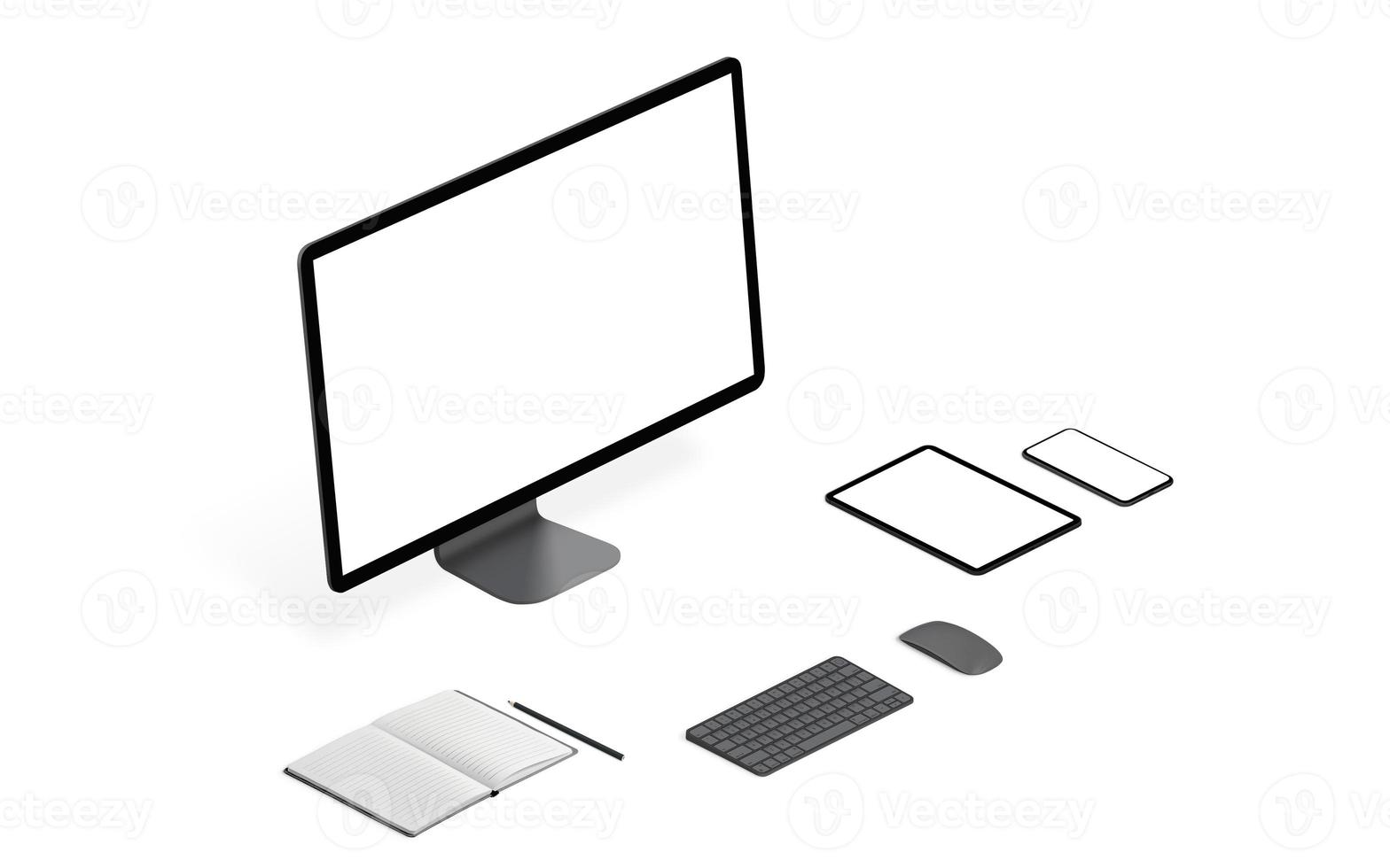 Responsive devices mockup on white desk isolated. Mockups isometric perspective photo