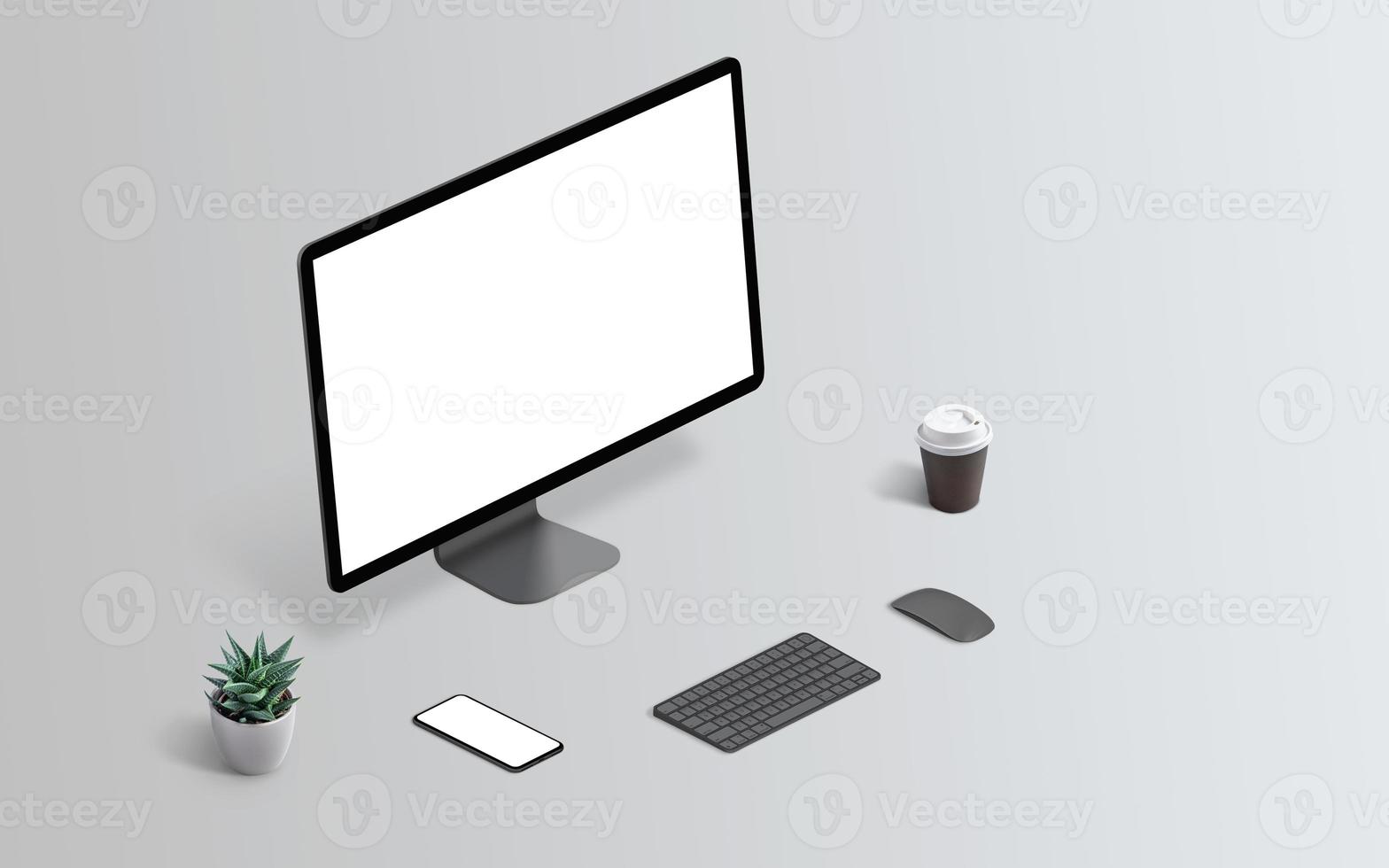 maqueta de pantalla de computadora en posición isométrica de superficie gris. maqueta de teléfono inteligente en el escritorio, teclado, mouse, café y planta al lado. copie el espacio foto