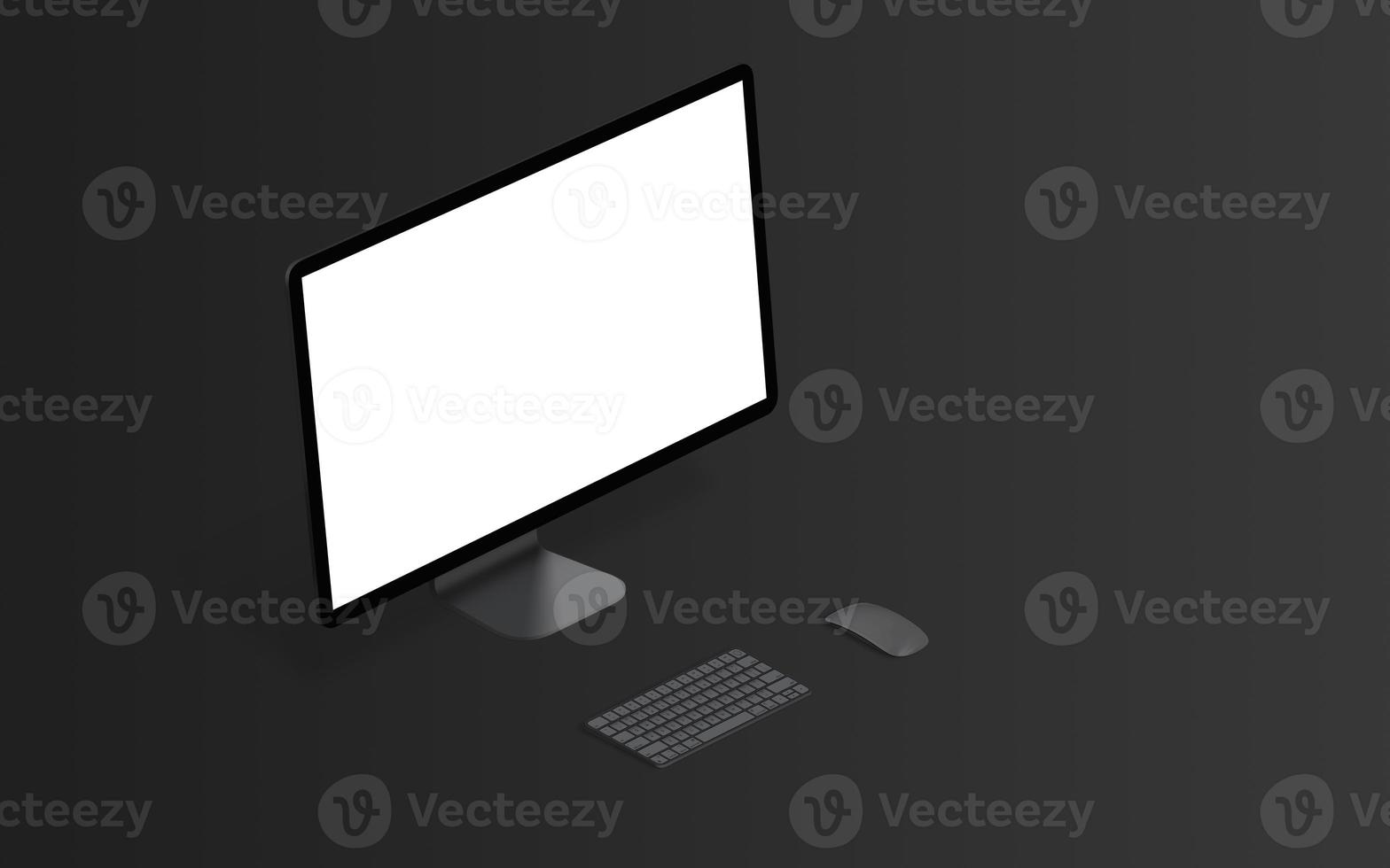 Dark isometric computer display mockup. Isolated display in white for project showcase. Keyboard and mouse on black desk photo