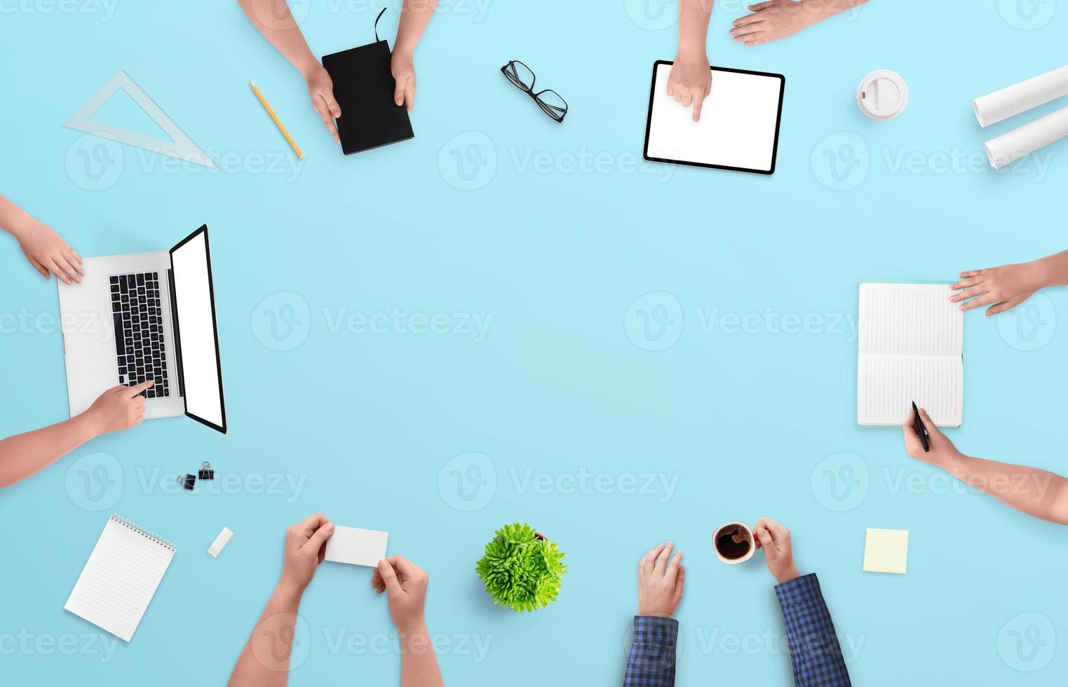 Business people working and communicating at the office desk. Top view, flat lay composition with copy space in the middle photo