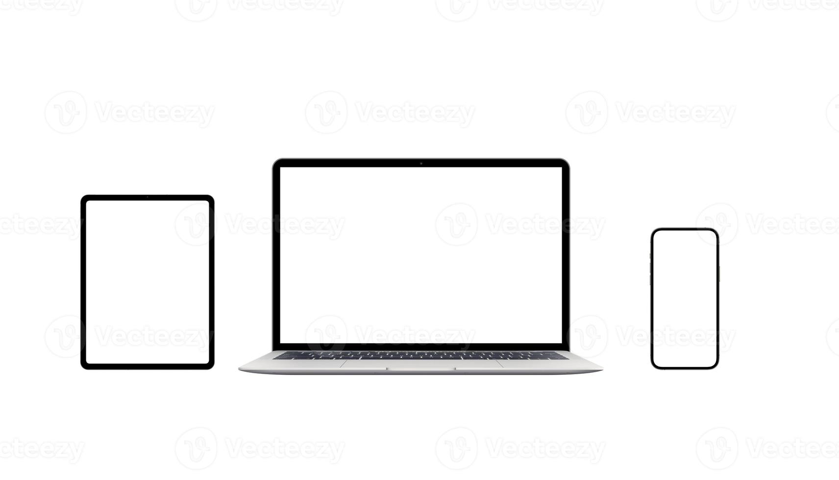 Isolated laptop, tablet and smart phone with blank screens for mockup. Responsive web design promotion concept photo