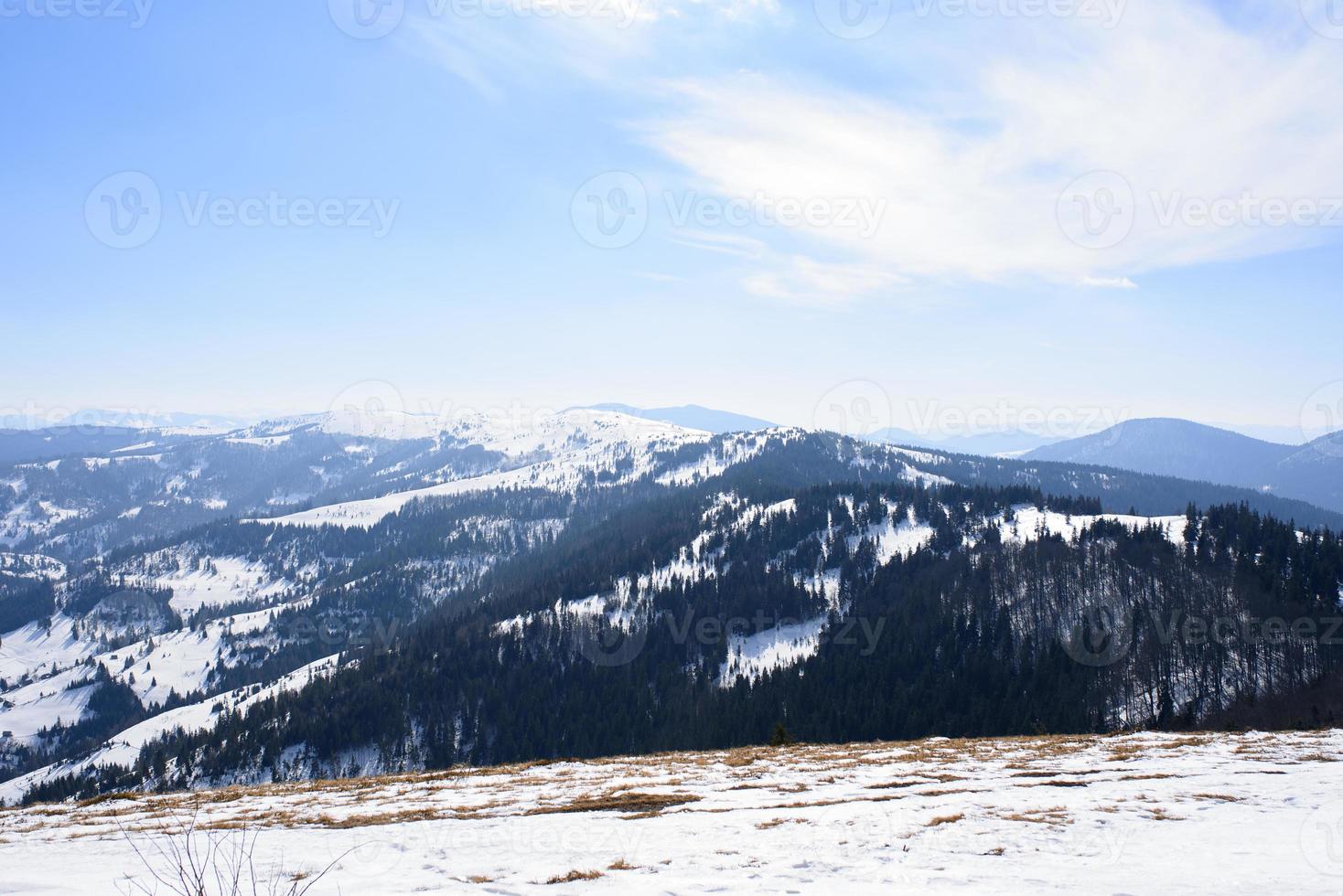 Majestic winter landscape glowing by sunlight in the morning. Dramatic wintry scene. Location Carpathian, Ukraine, Europe. Beauty world. Retro and vintage style, soft filter. Instagram toning effect. photo