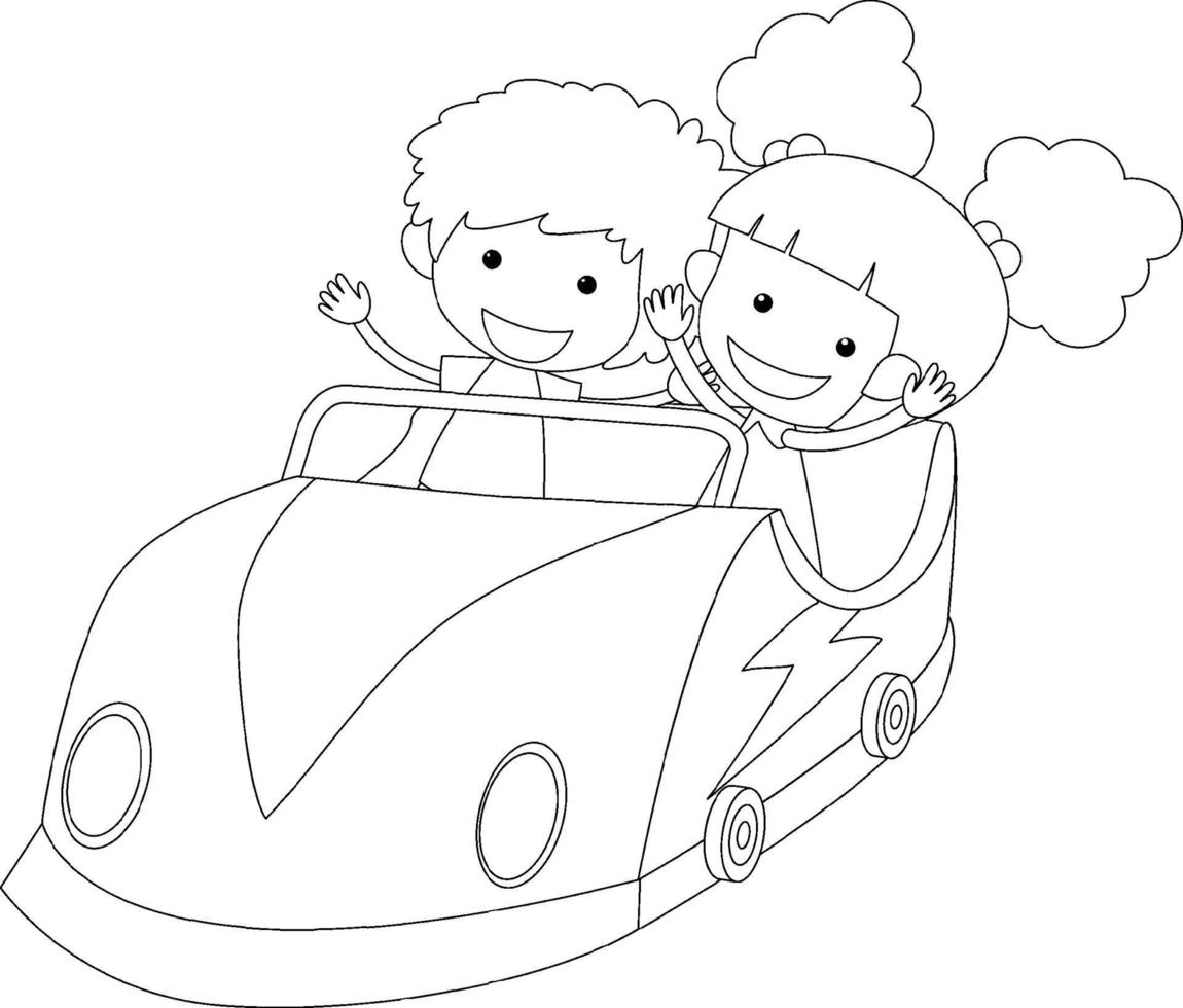 Kids in racing car  black and white doodle character vector