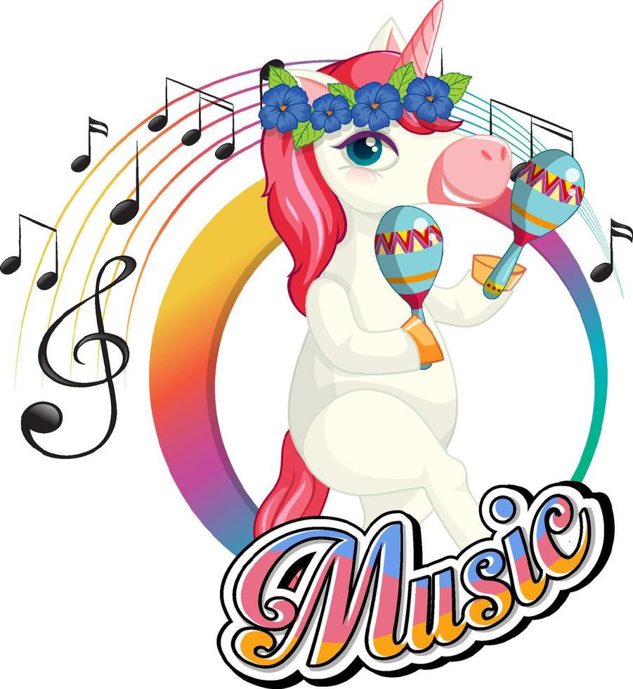 Cute pink unicorn shaking maracas with music notes on white background vector