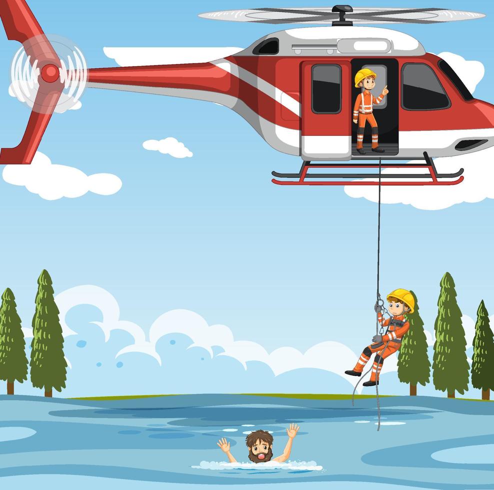 escena del océano con rescate de bomberos en estilo de dibujos animados vector