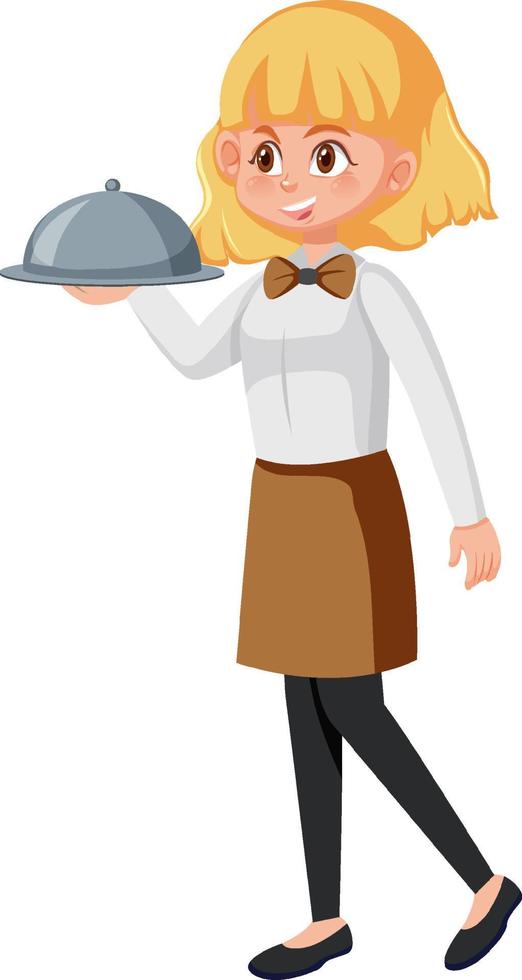 A young waitress serving food white background vector