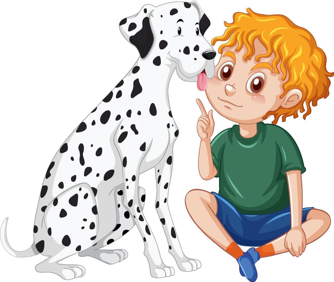 A happy boy sitting on the floor and pets dog vector