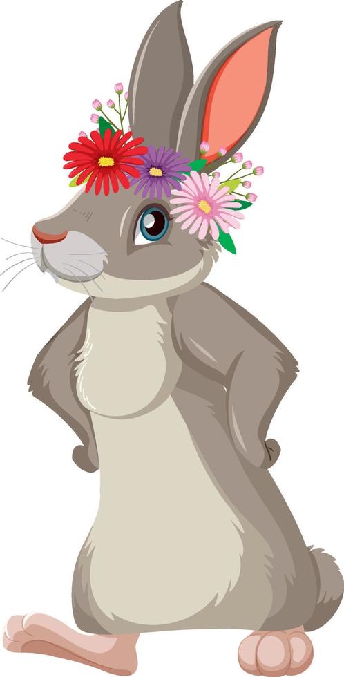 lindo conejito con flores en la cabeza vector