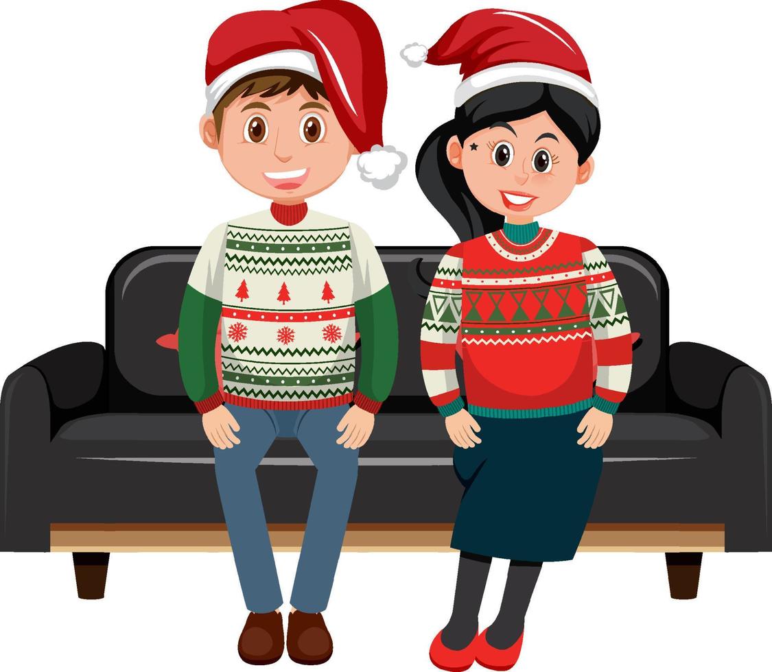 Couple man and woman wearing Christmas outfits sitting on a sofa vector